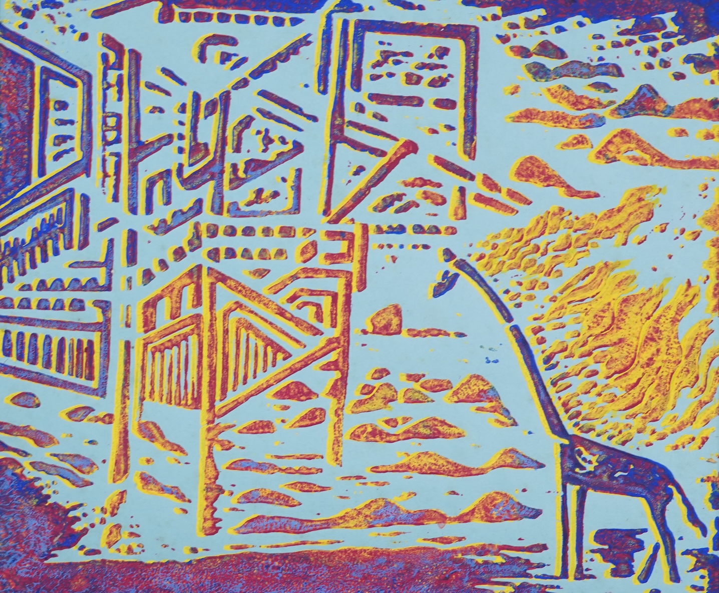 Andrew Chrysafi (b.1938), Abstract compositions to include ‘Burning Giraffe’, a collection linocuts, most signed, mounted, unframed, largest 31 x 32cm